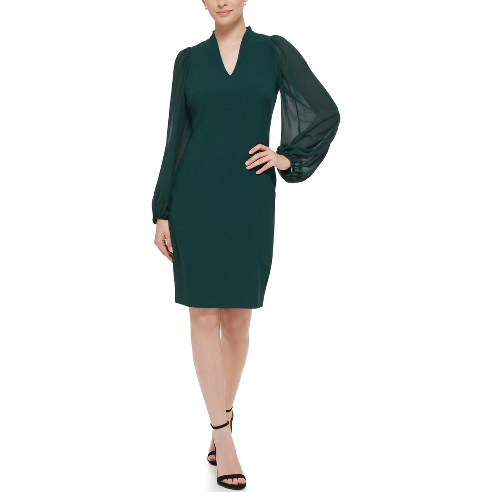Vince Camuto Emerald Green Chiffon Balloon-Sleeve Mixed-Media Sheath Dress 6 NWT